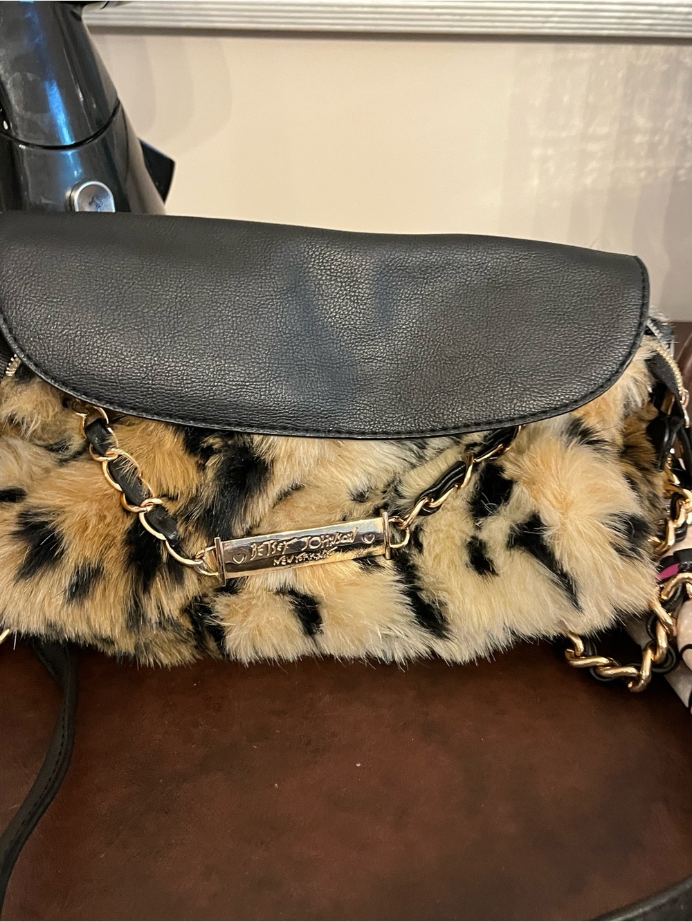 Betsey Johnson Black and Tan Leopard Faux Fur Chain Shoulder Bag